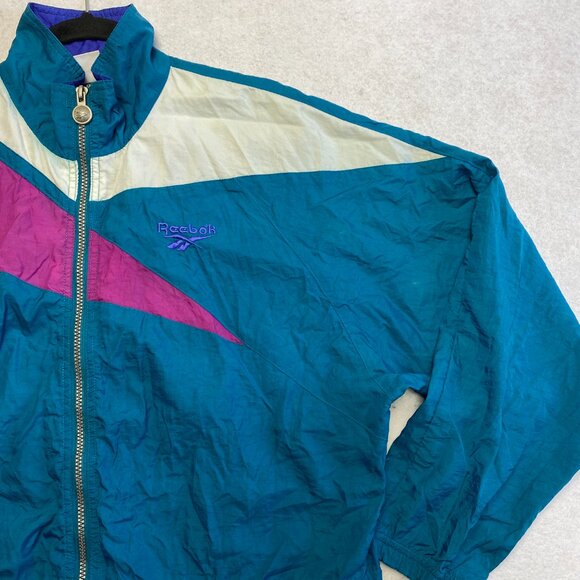 Vintage Reebok Track Jacket Mens M Green Full Zip Big Logo Windbreaker 90s - Picture 3 of 16